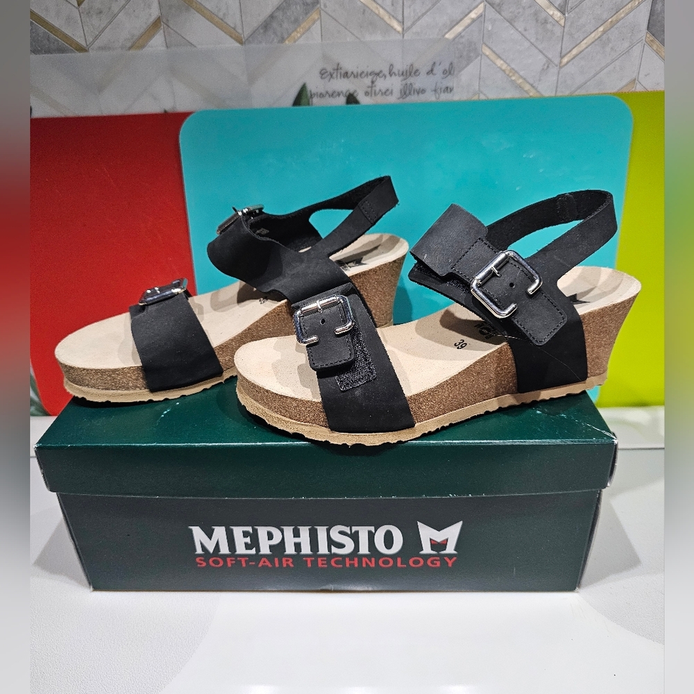 MEPHISTO Women's Wedge Sandals Sz 9, Black, 2-1/2" Heels, Black